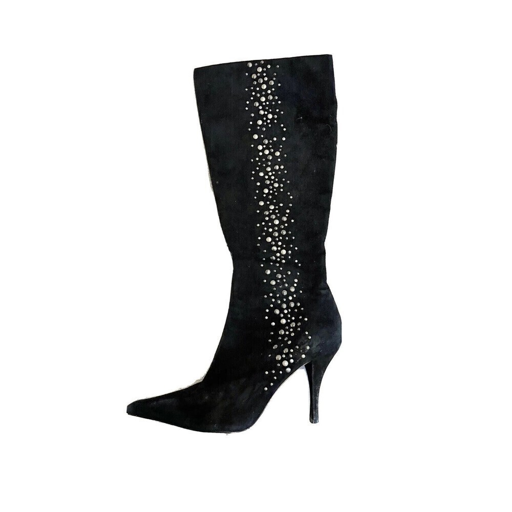 Alfani Women’s Black Tall Boots Heels 6M Vintage Y2K Metal Studded Suede Leather